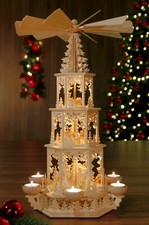 Tilgner Pyramide Erzgebirge, LED Beleuchtung innen, geschnitzte Figuren, 53cm