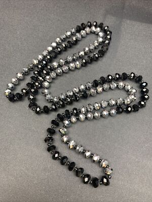 Ladies Boho Necklace Glass  Crystal Black Silver Beaded Long Sweater Style 44 