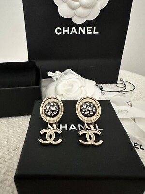 New In Box Auth Chanel Metal Resin Dangle Earrings Gold Crystal 21B Receipt 