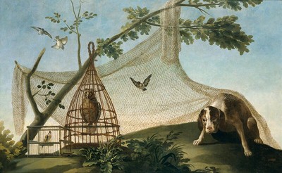 Decoy Hunting by Francisco de Goya, Animal Art Bird Dog Cage Forest Art Print
