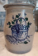 1997 Handmade Rowe Pottery Works Salt Glaze Blue Green Berry Basket Crock 