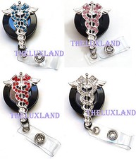Rhinestone retractable ID badge holder reel - Medical Symbol Sign Caduceus
