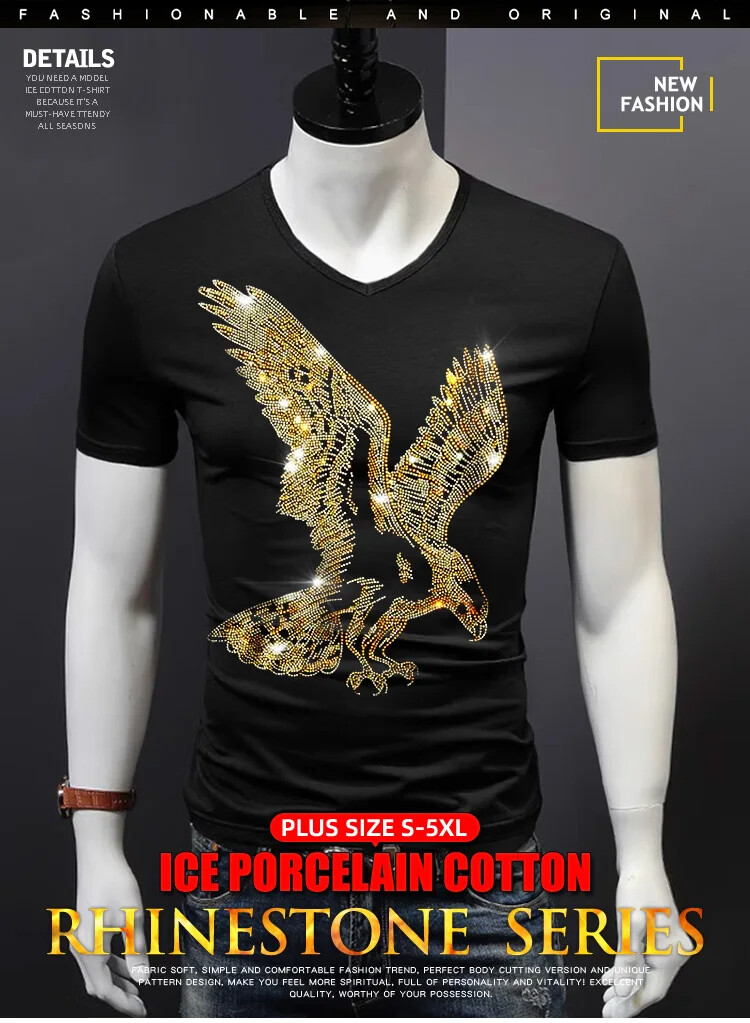 Men Fashion Diamonds T-Shirt Eagle 3D Rhinestones Hot Drill