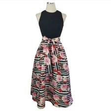 Sl Fashions Floral Striped Fit & Flare Dress Size 2 Sleeveless Formal Black Pink