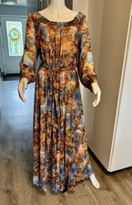 Get Lucky Blue Brown Animal Print Off Shoulder Chiffon Smocked Maxi Dress M