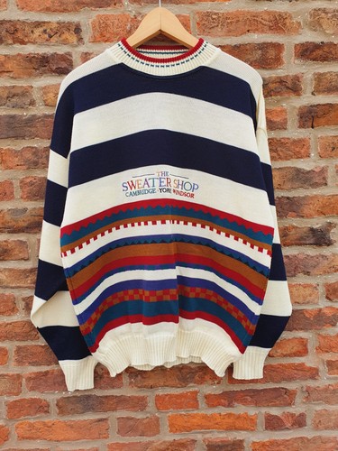 Vintage 80's Sweater Shop Jumper Striped Logo Embroidered Cream Multi - Picture 2 of 21