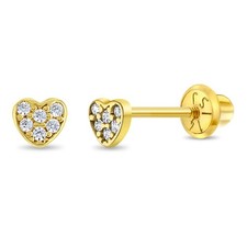 14k Yellow Gold Tiny Cubic Zirconia Heart Screw Back Earrings for Little Girls