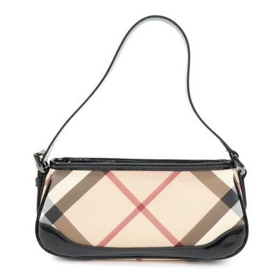 BURBERRY Nova Plaid PVC Patent Leather Hand Bag Beige Black Authentic Used F/S