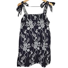 LOFT Navy Blue Floral Embroidered Tie Shoulder Mini Dress Size 10 Cotton 758775
