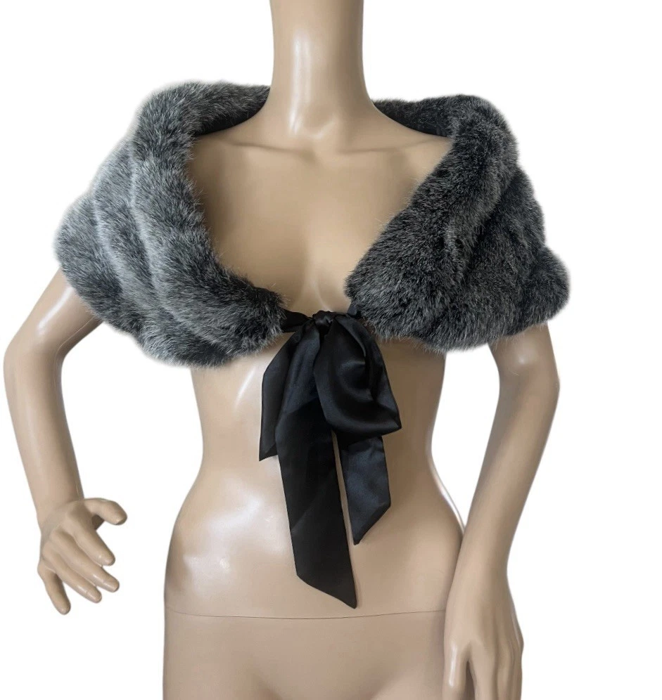 Silk & Sable Gray Faux Fur Wrap Stole Winter Scarf Elegant 39” X 8”