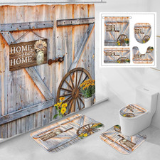 4 Pcs Rustic Farmhouse Door Shower Curtain Set with Non-Slip Rugs, Toilet Lid Co