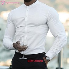 Mens Muscle Dress Shirts Slim Fit Stretch Collarless Long Sleeve Button Shirt U.