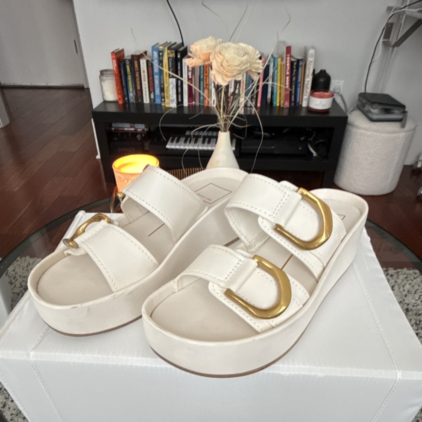Dolce Vita Platform Slide Sandals Women Size 6 White Gold Buckle Double Strap