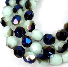 25 Firepolish Czech glass Faceted Round Bead Blue Iris Opaque Pale Turquoise 6mm