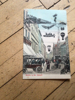 Cartolina Stettino nel futuro 1909 ferrovia posta aerea auto aringa bicicletta Stettino