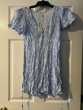 Billabong Women's Blue/White Floral V-Neck Puff Sleeve Ruffle Short Dress S/PSM