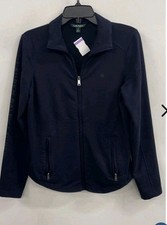 Lauren Ralph Lauren Blue Zip Jacket Womens Large Stretch Cotton Blend Logo Full