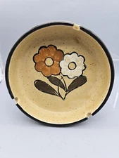 Speckled Stoneware Flower Design Ashtray 6” MCM Beige Brown Vtg