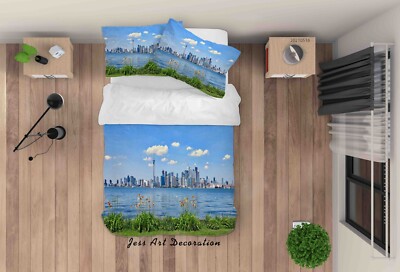 3D Stadt Fluss Himmel Wolken Landschaft Quilt Cover Set Bettwäsche Sets Kisse...