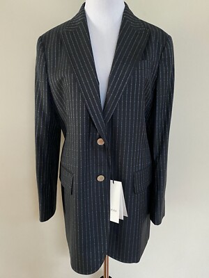 NWT Gucci Lettered Logo Pinstripe Dark Gray Wool Blue Blazer