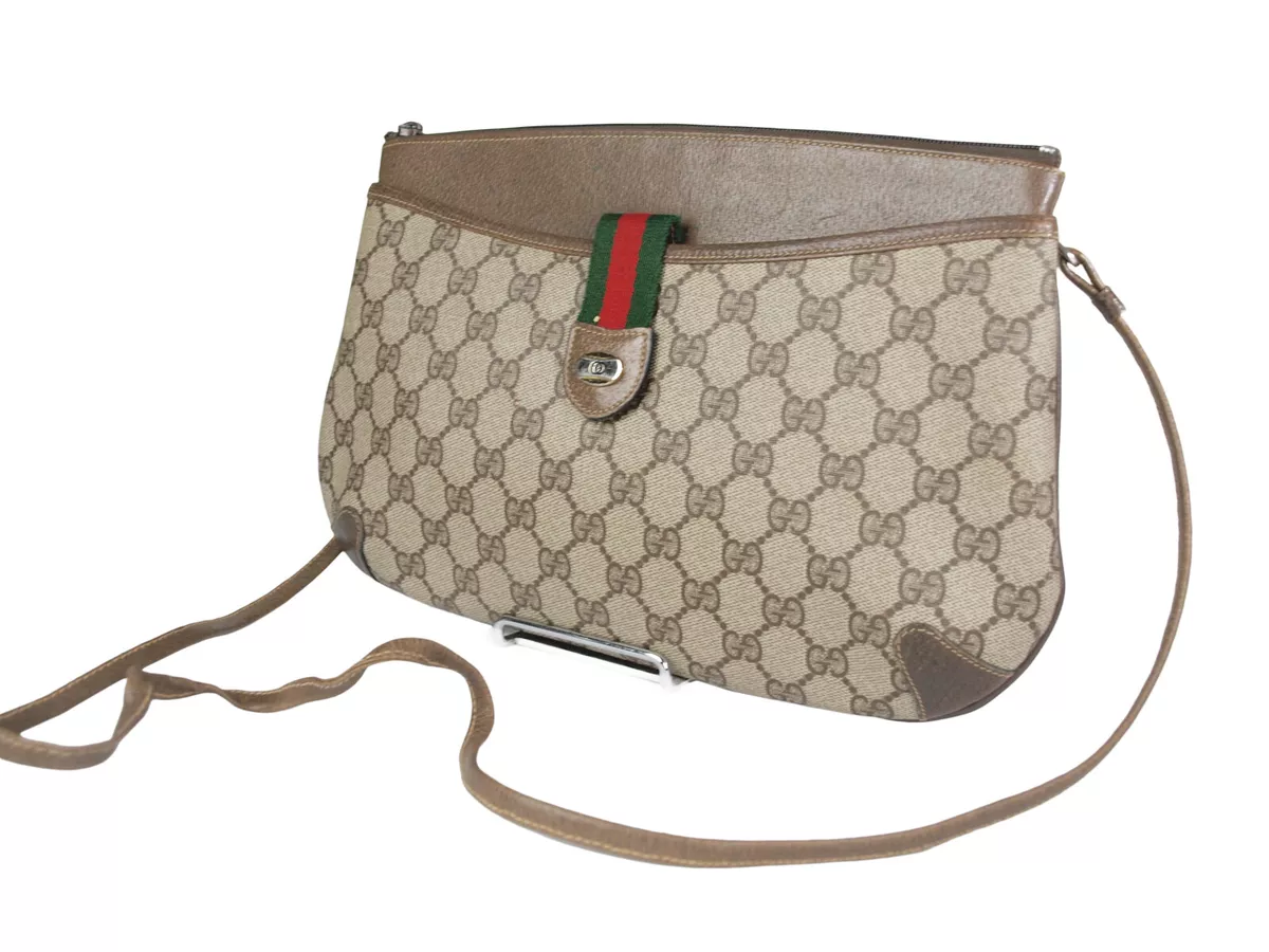 GUCCI Vintage Sherry Line GG Web PVC Canvas Brown Crossbody