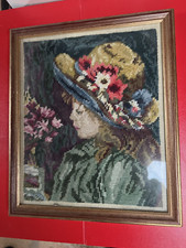 Gobelin / Strickbild gerahmt Glas Vintage DAME MIT MÜTZE 1 j