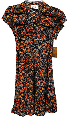 NWT Just Found Floral Dress MultiColor Cap Sleeves Ruffle Hem V-Neck Size Small