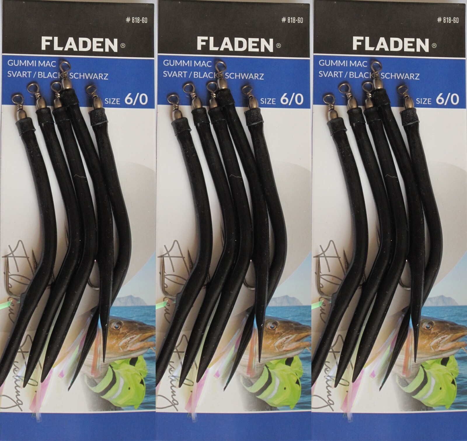 15 Fladen Sand Eels Gummi Mac 6/0 Cod Black 3 pks of 5 Lures Wreck Sea