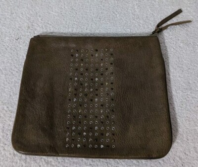 Cynthia Vincent Pouch Studded Leather Zipper Brown 8.5''x7''
