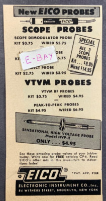 1954 Vintade Ad. 1954 Scope Probes, VTVM Probes. EICO. Electronic Instrument Co.