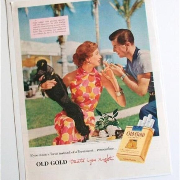 Cigarette Ad SMOKING Vintage 1953 Old Gold Women Lago Mar Florida Black Poodle