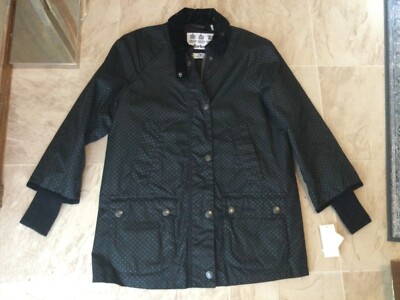 Nwt $479 Barbour Navy Spot Dot Cotton Waxed Bedale Rain Zip Up Jacket US 8 UK 12