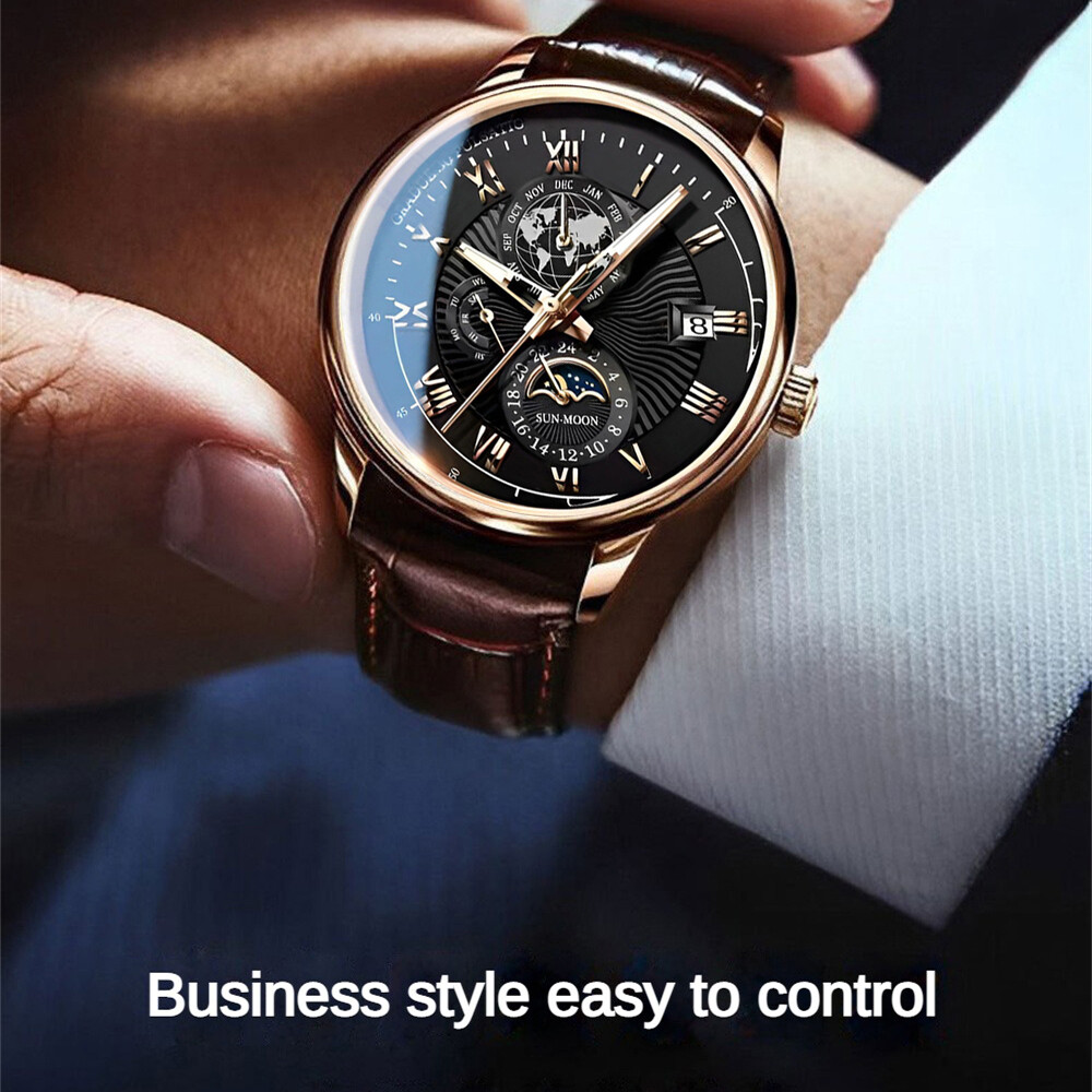 Men's Quartz Watch Waterproof Luminous Date Wristwatch Luxury Leather