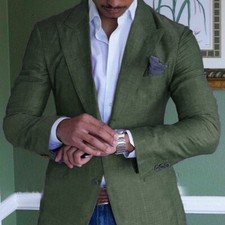 Green Men's Linen Summer Beach Jacket Suits Slim Fit For Men Tuxedo Groom Suits