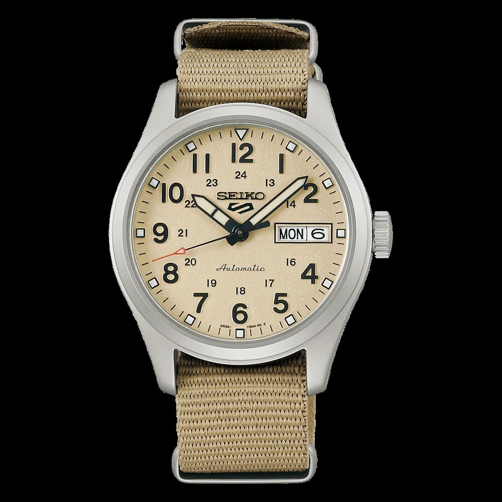 Seiko 5 Sport SRPJ83 – Orologio Automatico Da Polso – Quadrante Beige – Cinturino In Nylon – Stile Militare Vintage – 41h Riserva