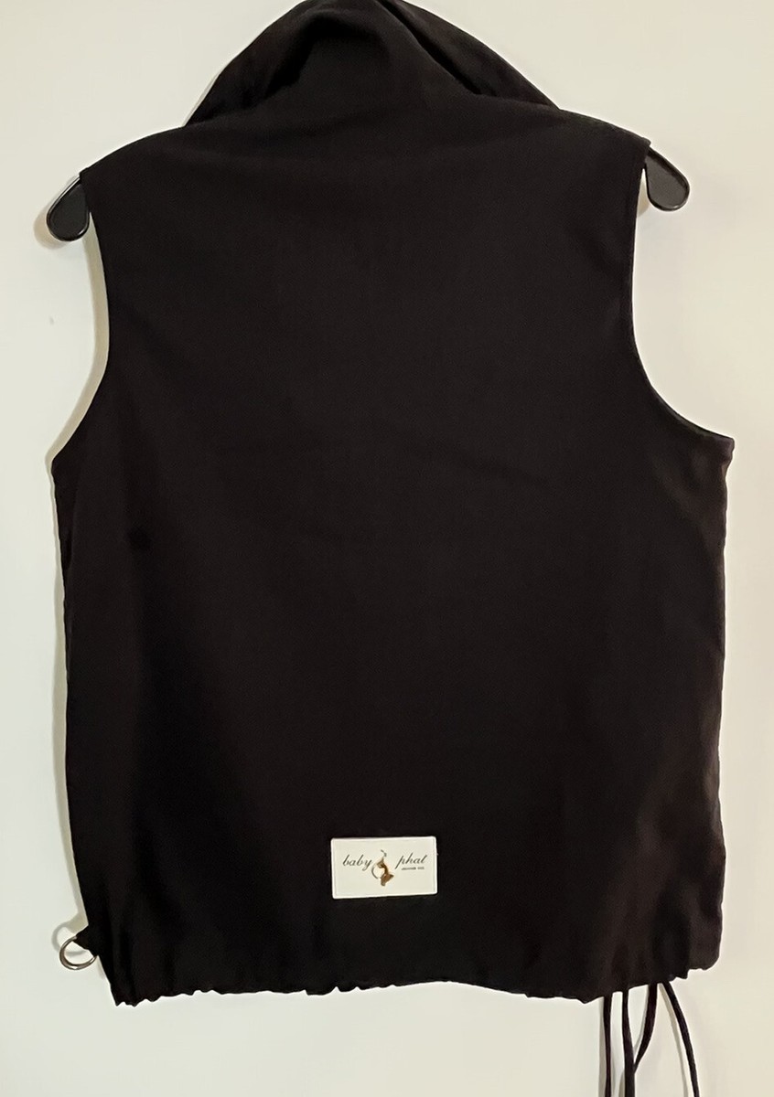 Baby Phat Half Zip Black Sleeveless Vest Sz M Gold Cat Logo Charm Vtg  Bottom Tie