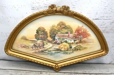 Vintage 1980’s Homco Fan Shape Frame Country Cottage Art 16.5” Home Interiors