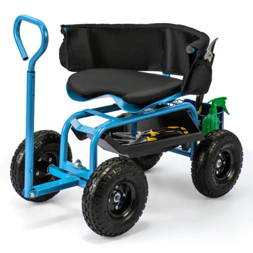 Rolling Garden Cart Height Adjustable Scooter with Swivel Seat & Tool Storage