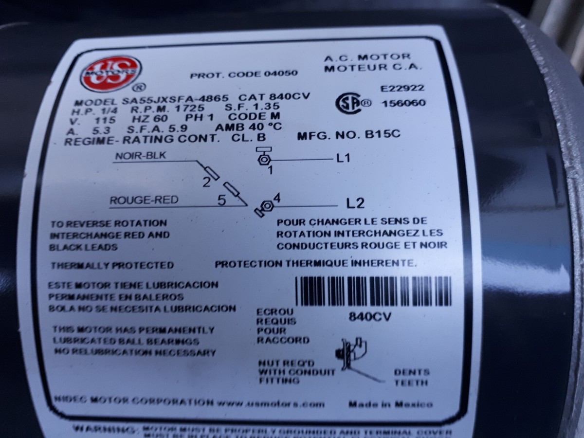 SA55JXSFA 4865 US MOTORS Fan Motor 1725RPM 1/4HP Reversible with