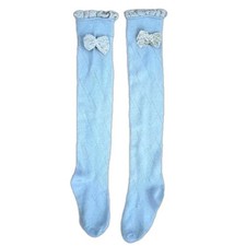 Vintage blue knee high stockings with cute cream bow  coquette girl pastel y2k