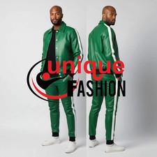 Men's Real Leather Green/White TrackSuit Sweatsuit With Collar Jacket  Trousers