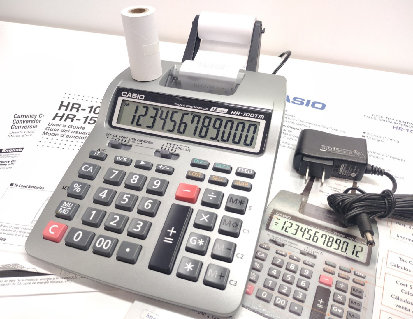 🏅✅NEW casio HR-100TM plus + PAPER ROLL + AC ADAPTER + FAST printing calculator