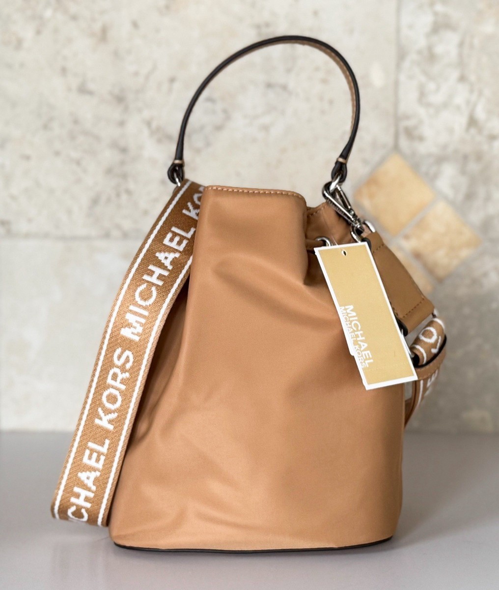 Michael Kors Khai Small Bucket Shoulder Crossbody Nylon Bag Peanut