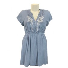 Japna Women's Blue Casual Boho Short Sleeve Embroidered Mini Dress | Size M