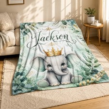 Personalized Crowned Baby Elephant Coral Fleece Blanket Nursery Decor