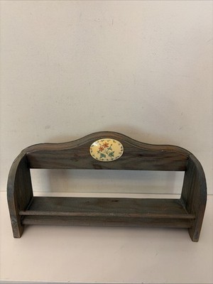 Vintage rustikales Gewürzregal Regal aus Holz mit floraler Keramikplatte - Landhaus 