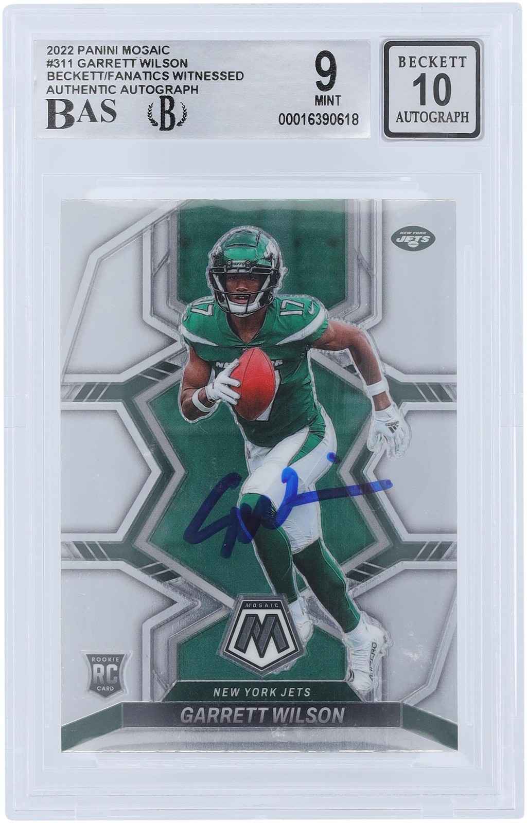 Garrett Wilson New York Jets Signed 2022 Panini Mosaic #311 BAS 9/10 Rookie Card