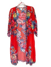FLYING TOMATO Red Floral Kimono Size L Long Cardigan Duster Top Cover-Up Boho