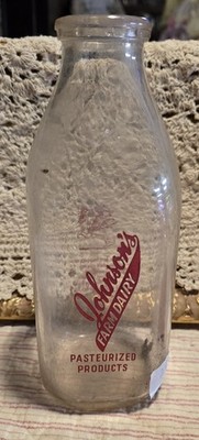 Milk Bottle. Johnson's Farm Dairy Pasteurized Products Clear Glass. Poem on back
