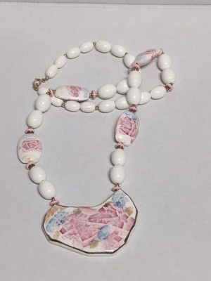 vintage Japanese ceramic beaded necklace with hand-painted pink and blue floral